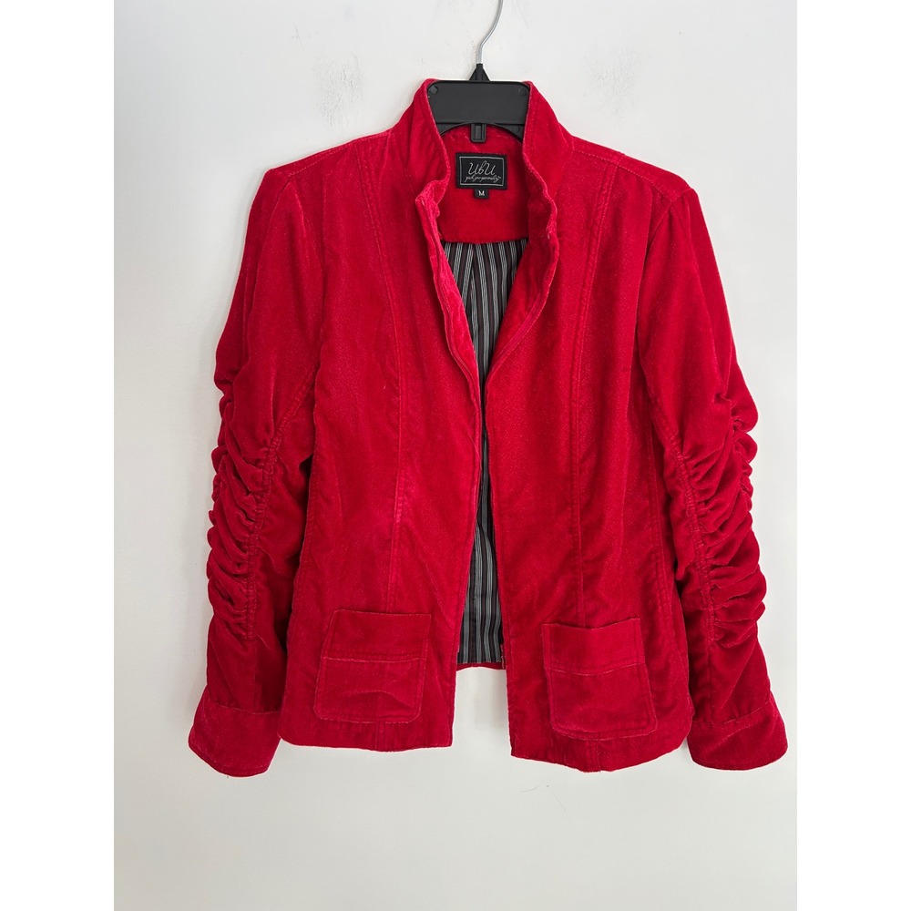 Vintage Y2K Red Velvet Ruched‎ Sleeve Zip Up Jacket Mock Neck Pinstripe Lining M